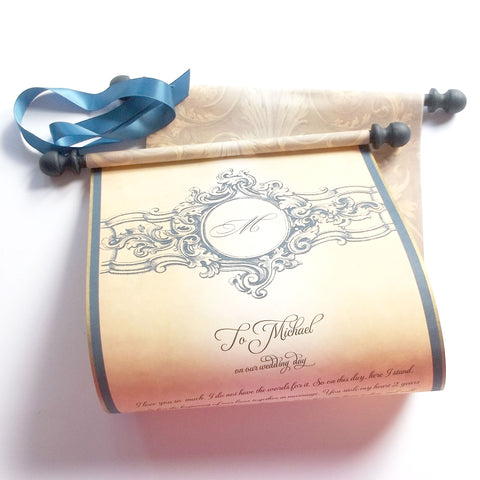 Personalized Victorian scroll in blue, 8x20" paper, vintage monogram design, sets of multiples