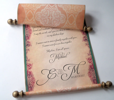 Custom parchment scroll with red, green and gold accents, 8x18 inches paper, handmade