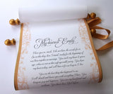 Personalized cream parchment scroll, 8x20" paper, gold or silver, sets of multiples