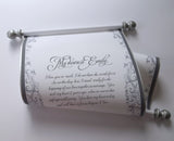 Personalized cream parchment scroll, 8x20" paper, gold or silver, sets of multiples