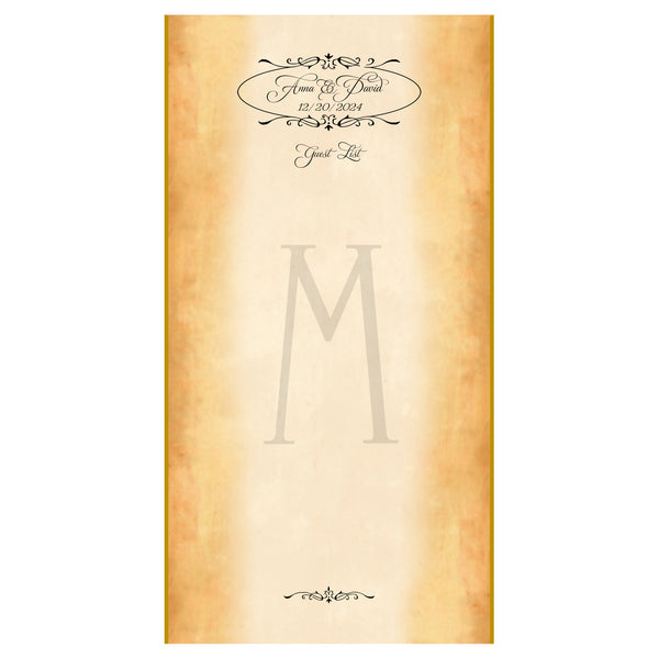 Custom vintage guest list scroll, gold accents, 11x21 inches aged parchment paper, personalized with name(s) and date
