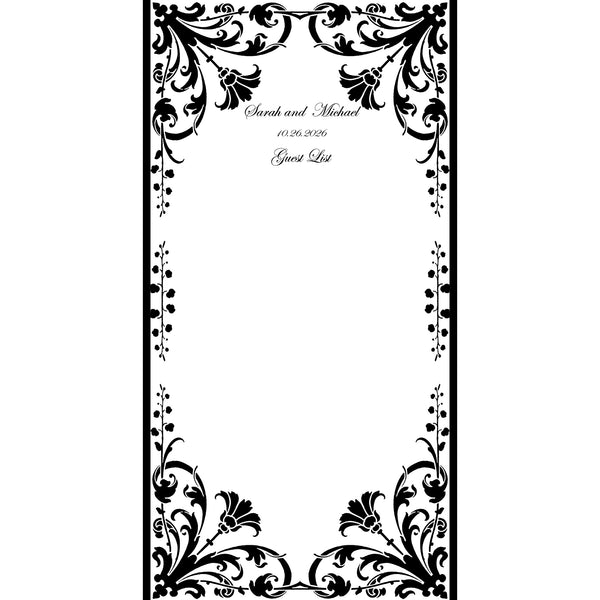 Custom floral guest list scroll, black and gold, 11x21 inches cream parchment paper, personalized with name(s) and date