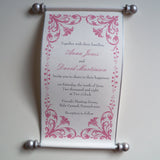 Damask flower wedding invitation scroll, set of 10