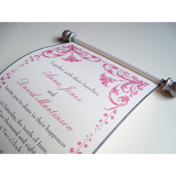 Damask flower wedding invitation scroll, set of 10