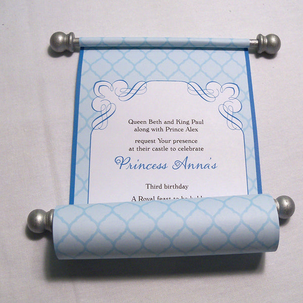 Princess Birthday Invitation Scroll in Turquoise and Silver, Honeycomb, set of 10