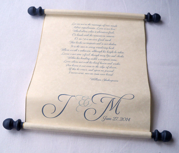 Wedding vows custom printed parchment scroll for vows and monogram, guest list, theater prop, medieval scroll, secret message, 8x17" paper