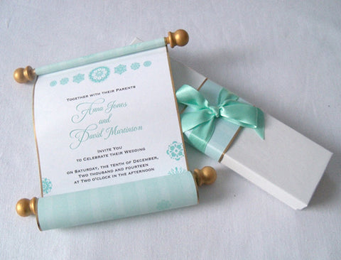 Winter fairytale wedding invitation scrolls with frozen snow flakes, boxed