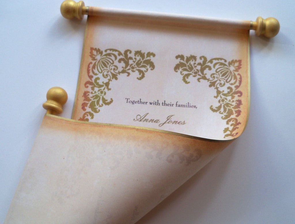 Rustic wedding invitation scroll with damask in gold and caramel, set of 10