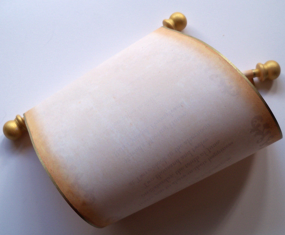 Rustic wedding invitation scroll with damask in gold and caramel, set of 10