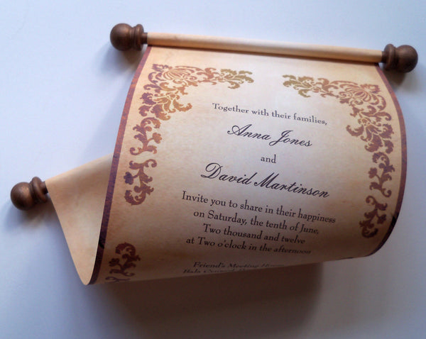 Castle wedding invitation scroll, set of 10