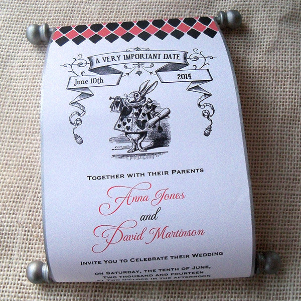 Alice in Wonderland wedding invitation scroll, set of 10