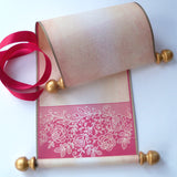 Blank aged paper scroll with red lace border, for your handwritten letter or message, 5x12" paper