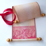 Blank aged paper scroll with red lace border, for your handwritten letter or message, 5x12" paper