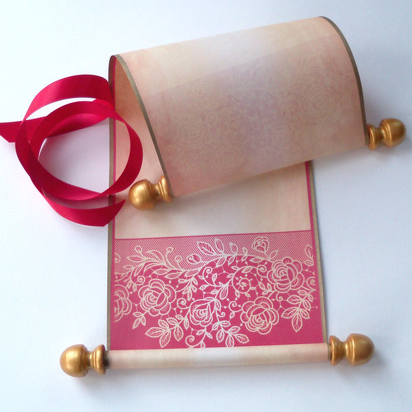 Blank aged paper scroll with red lace border, for your handwritten letter or message, 5x12" paper