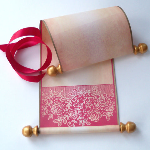 Blank aged paper scroll with red lace border, for your handwritten letter or message, 5x12" paper