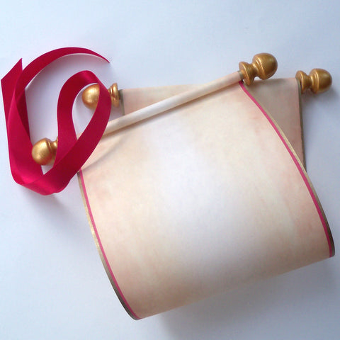 Blank aged parchment paper scroll with red border, handwritten note or prop, 5x12" paper