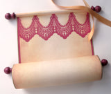 Large blank scroll with red lace print, for your hand written note, 8x19" parchment paper with dark red finials