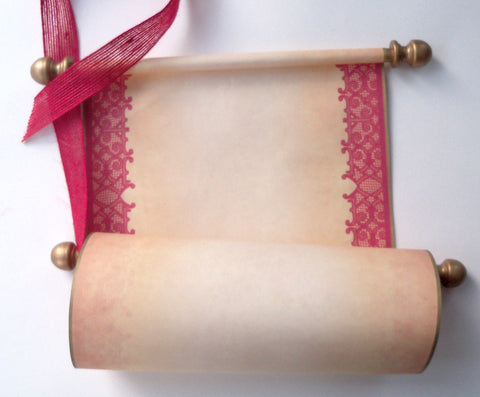 Blank aged parchment paper scroll with red lace border, for your handwritten letter or message, 8x19" paper