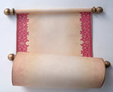 Blank aged parchment paper scroll with red lace border, for your handwritten letter or message, 8x19" paper