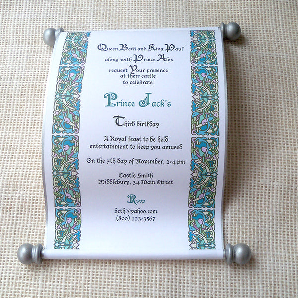 Royal birthday invitation scroll for queen or king, castle kingdom party in silver and teal, set of 10
