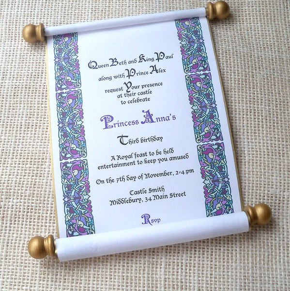 Royal kingdom birthday invitation scroll for prince or princess, queen or king, in purple and gold, set of 10