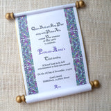 Royal kingdom birthday invitation scroll for prince or princess, queen or king, in purple and gold, set of 10