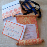 Medieval damask wedding invitation scroll suite in a box, tangerine and navy, set of 25