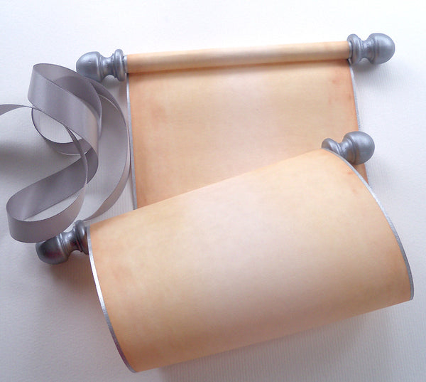 Blank paper scroll for wedding vows, aged parchment paper with silver finials and kraft box, 5x12" paper