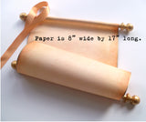Wide blank paper scroll for wedding vows, aged parchment paper with gold finials and box, 8x17"paper