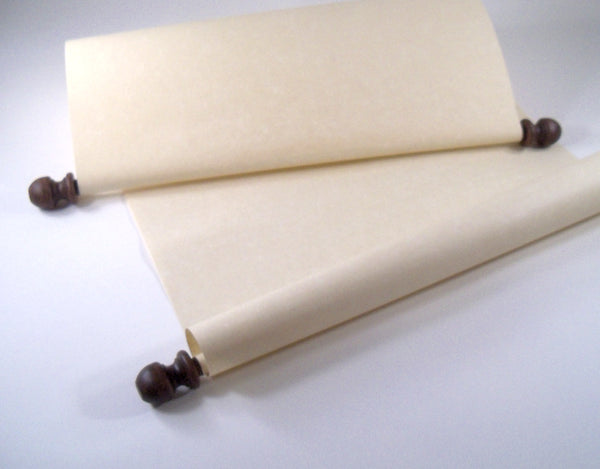 Wide blank parchment paper scroll with stained finials, theater production, wedding ceremony, guest list,11x19"paper