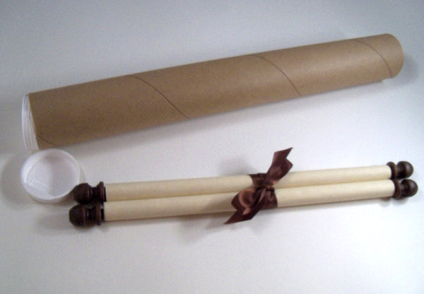 Extra wide blank parchment scroll with stained brown finials and gold edging, 11x19"paper, storage tube