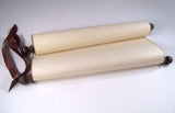 Extra wide blank parchment scroll with stained brown finials and gold edging, 11x19"paper, storage tube