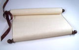 Extra wide blank parchment scroll with stained brown finials and gold edging, 11x19"paper, storage tube