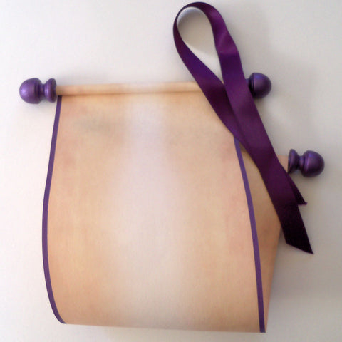 Blank scroll on aged parchment paper with purple accents, kraft box, 5x12" paper