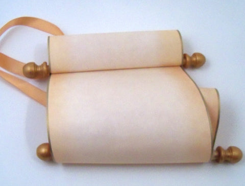 Blank paper scroll on aged parchment, gold finials and kraft box, 5x12" paper