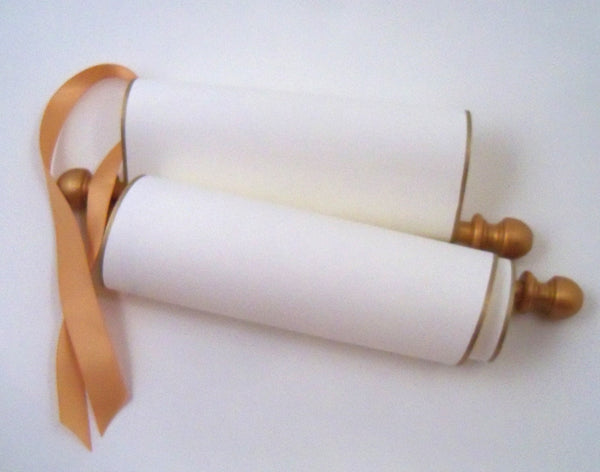 Blank paper scroll, cream parchment paper with gold finials and kraft box, 5x12" paper