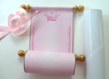 Blank aged parchment paper scroll in pink with princess crown and floral border, handwritten letter or invitation for a princess, 5x12" paper