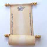 Blank aged parchment paper scroll with princess crown and floral border, handwritten letter or invitation for a princess, 5x12" paper