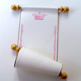 Blank cream parchment paper scroll in pink and gold with princess crown, 5x12" paper