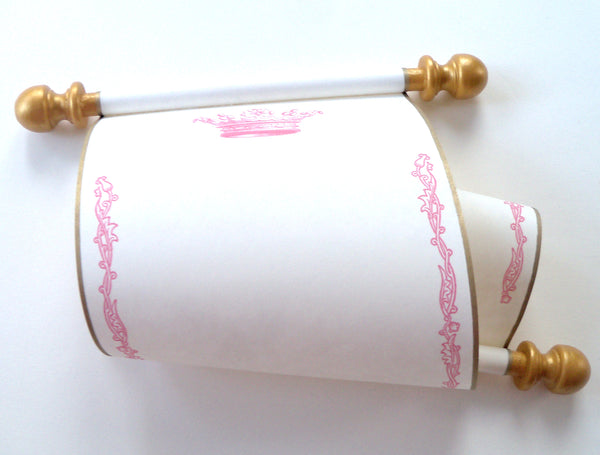 Blank cream parchment paper scroll in pink and gold with princess crown, 5x12" paper