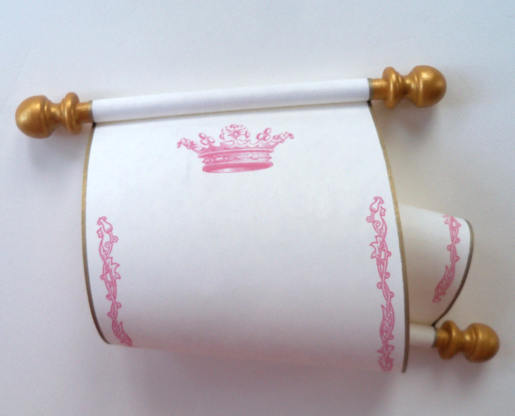 Blank cream parchment paper scroll in pink and gold with princess crown,  5x12 paper