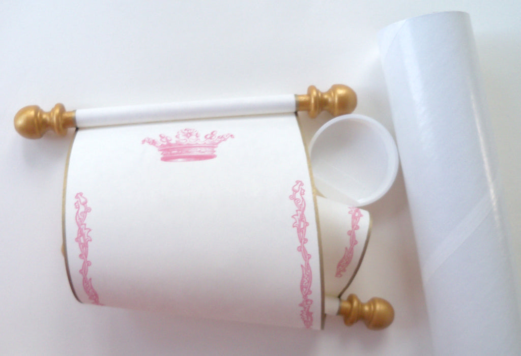 Blank cream parchment paper scroll in pink and gold with princess crown,  5x12 paper