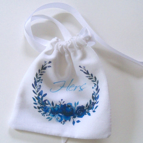 Wedding ring pouch with custom monogram, indigo floral wreath, His and/or Hers