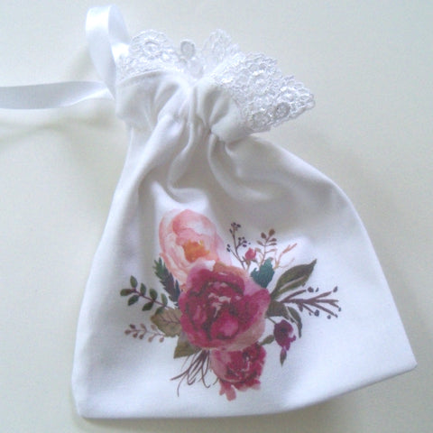 Wedding ring pouch with flowers and lace, custom monogram