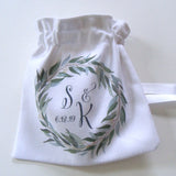 Monogram wedding ring pouch with eucalyptus greenery leaves