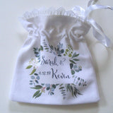 Wedding ring pouch with custom monogram and greenery