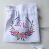 Wedding ring pouch with pink peonies floral wreath, custom monogram