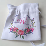 Wedding ring pouch with pink peonies floral wreath, custom monogram